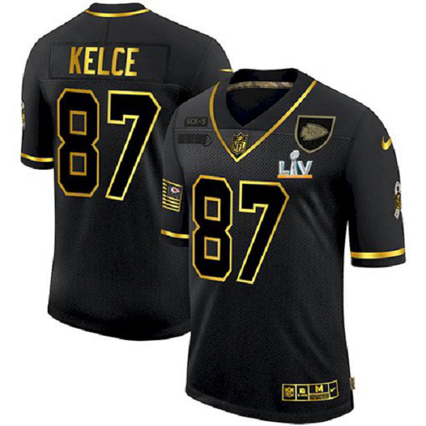 Men's Kansas City Chiefs Travis Kelce Black Gold Salute To Service 2021 Super Bowl LV Jersey