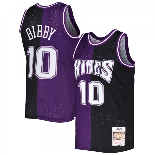 Men's Sacramento Kings Mike Bibby Mitchell & Ness Purple/Black Hardwood Classics 2001/02 Split Swingman Jersey