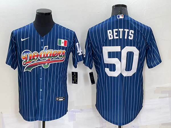 Men's Nike Los Angeles Dodgers #50 Mookie Betts Blue Rainbow Throwback MLB Cool Base Jersey