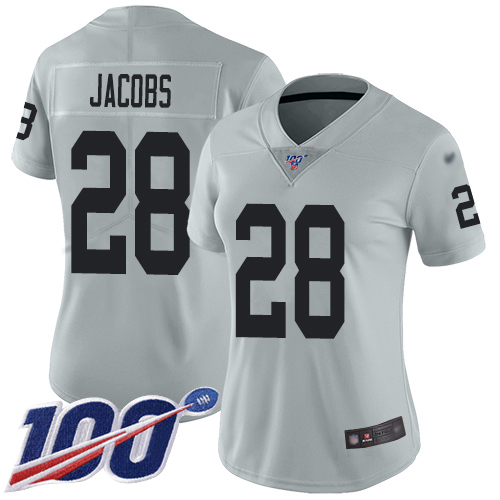 Women's Las Vegas Raiders #28 Josh Jacobs SilverStitched NFL Limited Inverted Legend 100th Season Jersey