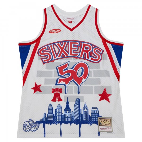 Men's Philadelphia 76ers Mitchell & Ness x Tats Cru White Hardwood Classics Fashion Jersey