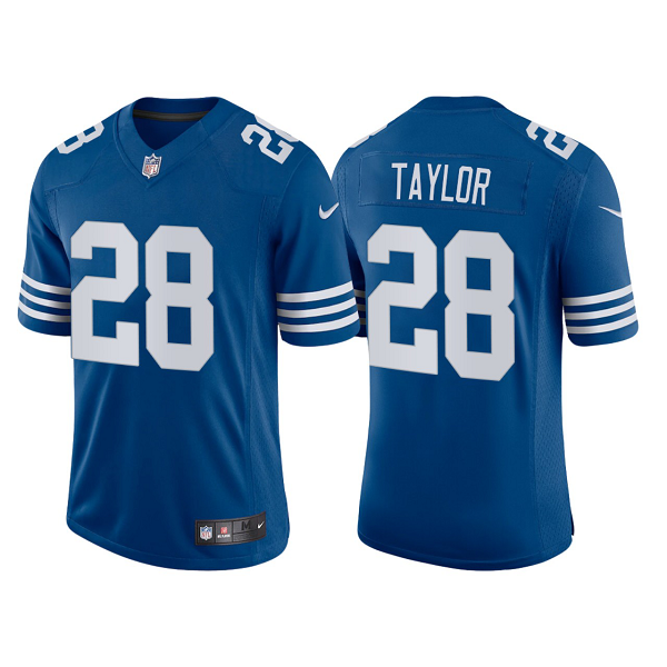 Men's Indianapolis Colts #28 Jonathan Taylor Royal 2021 Throwback Vapor Limited NFL Jersey