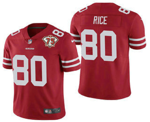 Men's San Francisco 49ers #80 Jerry Rice Red 75th Anniversary Patch 2021 Vapor Untouchable Stitched Nike Limited Jersey