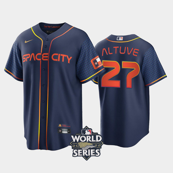 Men's 2022 City Connect Houston Astros #27 Jose Altuve Cool Base Navy MLB Jersey with 2022 World Series Patch