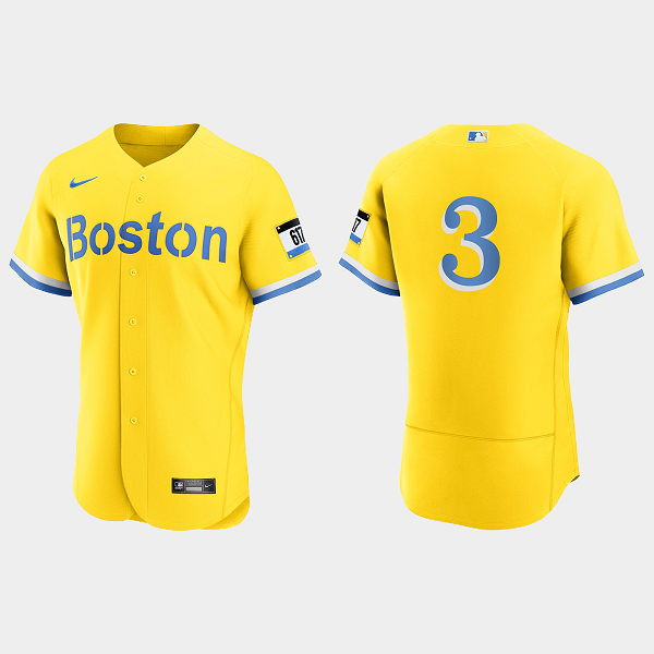 Men's Boston Red Sox #3 Jonathan Arauz Gold Light Blue 2021 MLB City Connect Flex Base Jersey