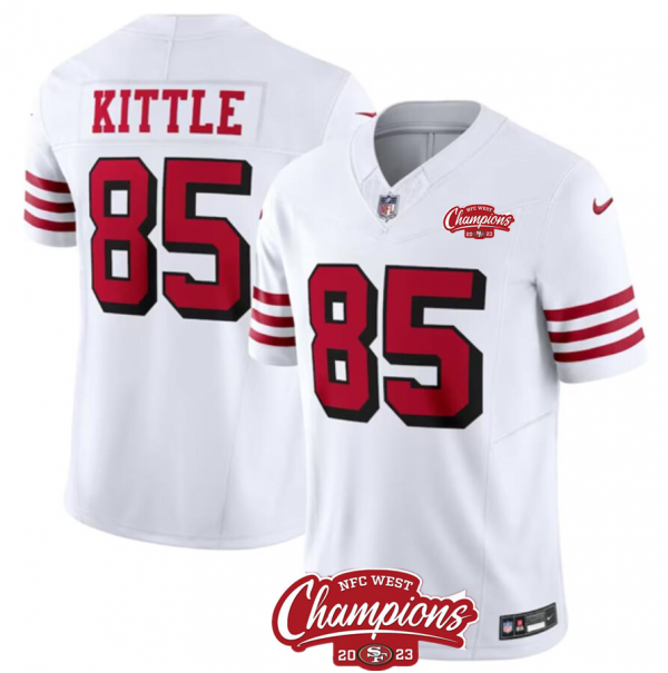 Men's San Francisco 49ers #85 George Kittle White 2023 F.U.S.E. NFC West Champions Patch Alternate Stitched NFL Jersey