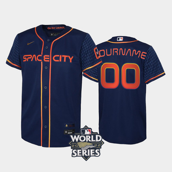 Youth's Custom 2022 City Connect Houston Astros Cool Base Navy MLB Jersey with 2022 World Series Patch