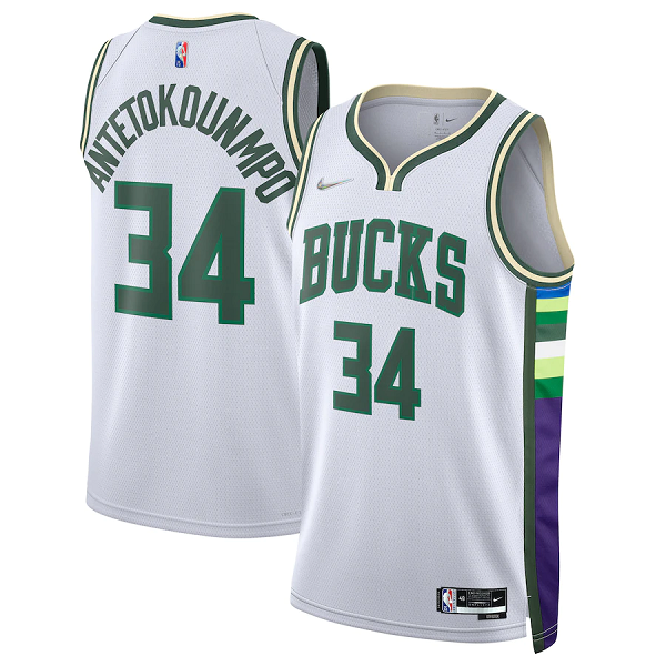 Men's Milwaukee Bucks #34 Giannis Antetokounmpo 2021-22 75th Anniversary City Edition White Jersey