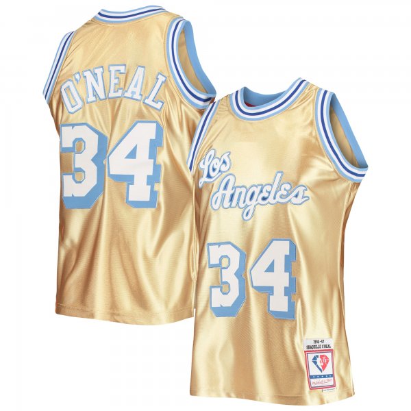 Men's Los Angeles Lakers Shaquille O'Neal Gold Mitchell & Ness 75th Anniversary 1996/97 Hardwood Classics Swingman Jersey