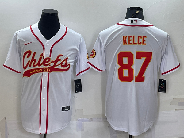 Men's Kansas City Chiefs #87 Travis Kelce White Stitched Baseball Cool Base Jersey