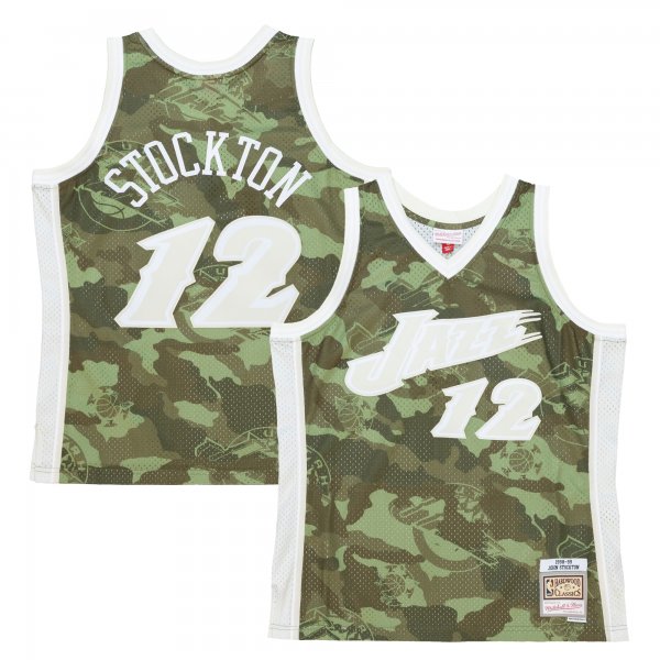 Men's Utah Jazz John Stockton Mitchell & Ness Camo Hardwood Classics 1998/99 Ghost Green Swingman Jersey