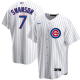 Men's Chicago Cubs #7 Dansby Swanson Home Pinstripe Nike Cool Base Jersey