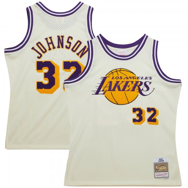 Men's Los Angeles Lakers Magic Johnson Mitchell & Ness Cream Chainstitch Swingman Jersey